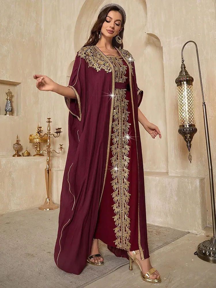 Eid conjunto de 2 peças com vestido interno festa abaya feminino ramadan cardigan vestido longo ternos kaftan vestidos largos robe muçulmano jalabiya