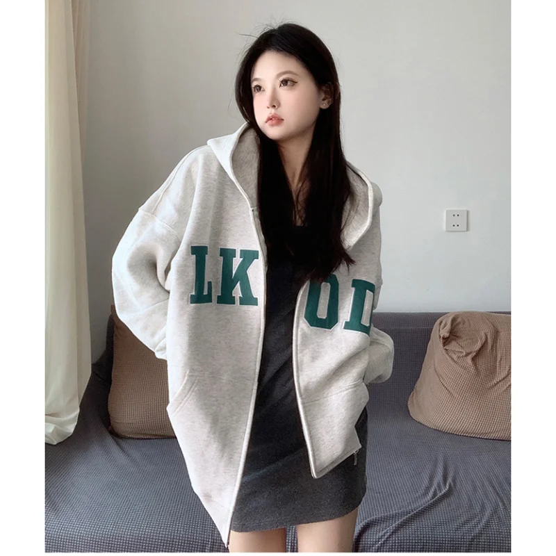 Sweatshirt Pink Women Hooded Coat Vintage Grey Printing Jacket Long Sleeve Korean Fashion Casual Y2K Style Winter Female Tops