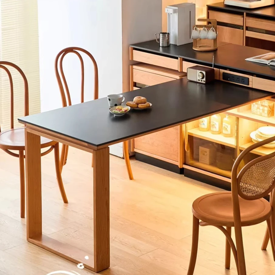 Factory Direct Compatible withSolid Wood Island Dining Table with Integrated Rotating Japanese Rock Slab Small Apartment Bar Cou