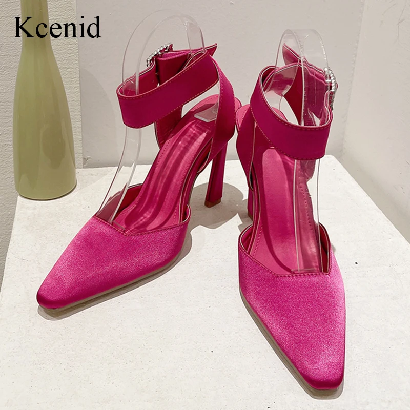 

Kcenid Silk Shoes For Women 2023 New Square Toe Sexy High Heels Party Prom Shoes Crystal Buckle Ankle Strap Women Pumps