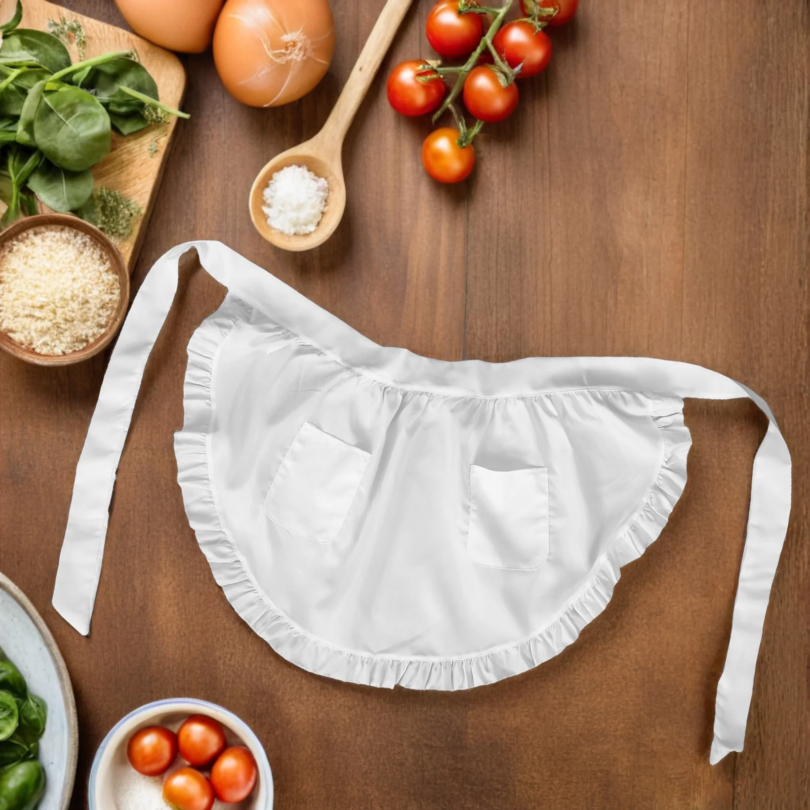 

White Half Waist Apron Maid Style Ruffled Design Double Pockets Lightweight Kitchen Cooking Server Waitress Apron Professional