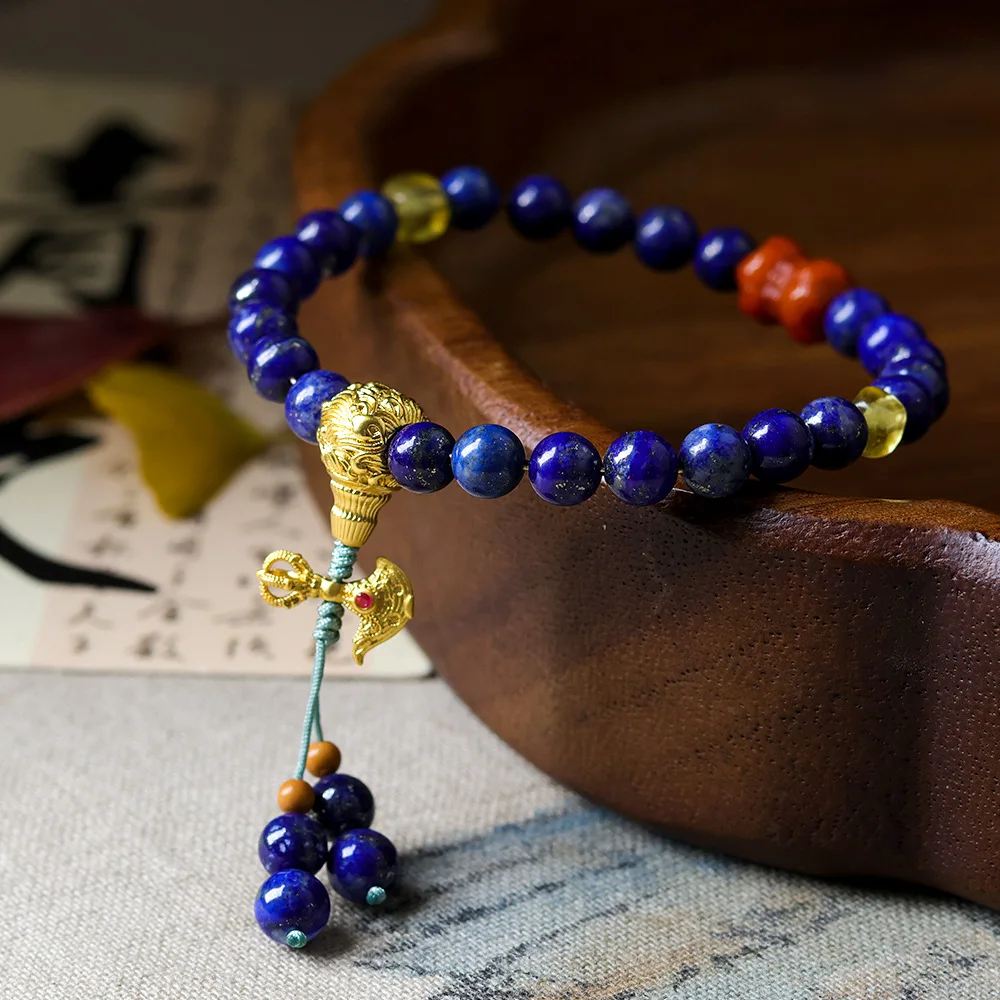 Lapis lazuli paired with beeswax bracelet, Chinese style diamond pestle, Chinese style women's bracelet, and cultural toys
