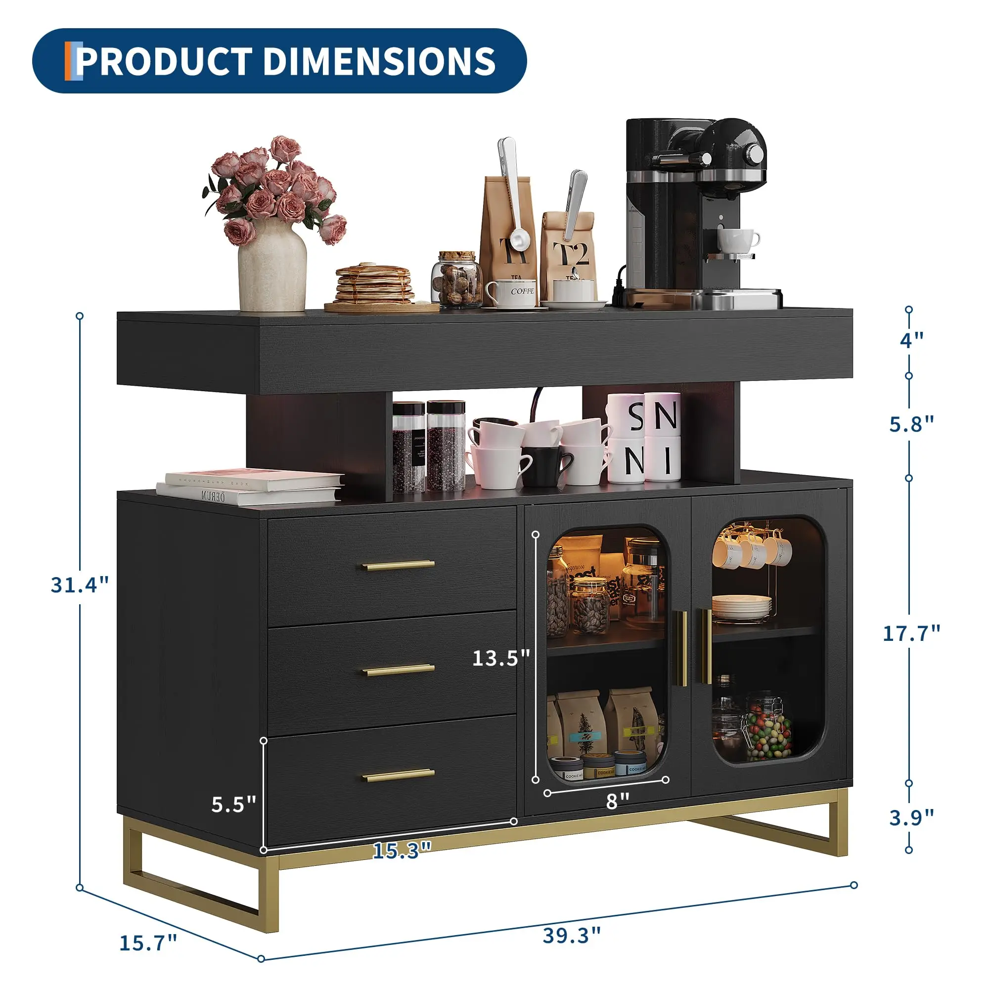 40 Inch Sideboard Buffet Cabinet With RGB LED Lights, Charging Station, 3 Drawers And 2 Doors, Coffee Bar Storage For Kitchen Living Room