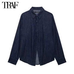 TRAF Blue Denim Long Shirt Woman Button up Jeans Shirts for Women Long Sleeve Shirts and Blouses Women Summer 2024 Casual Shirts