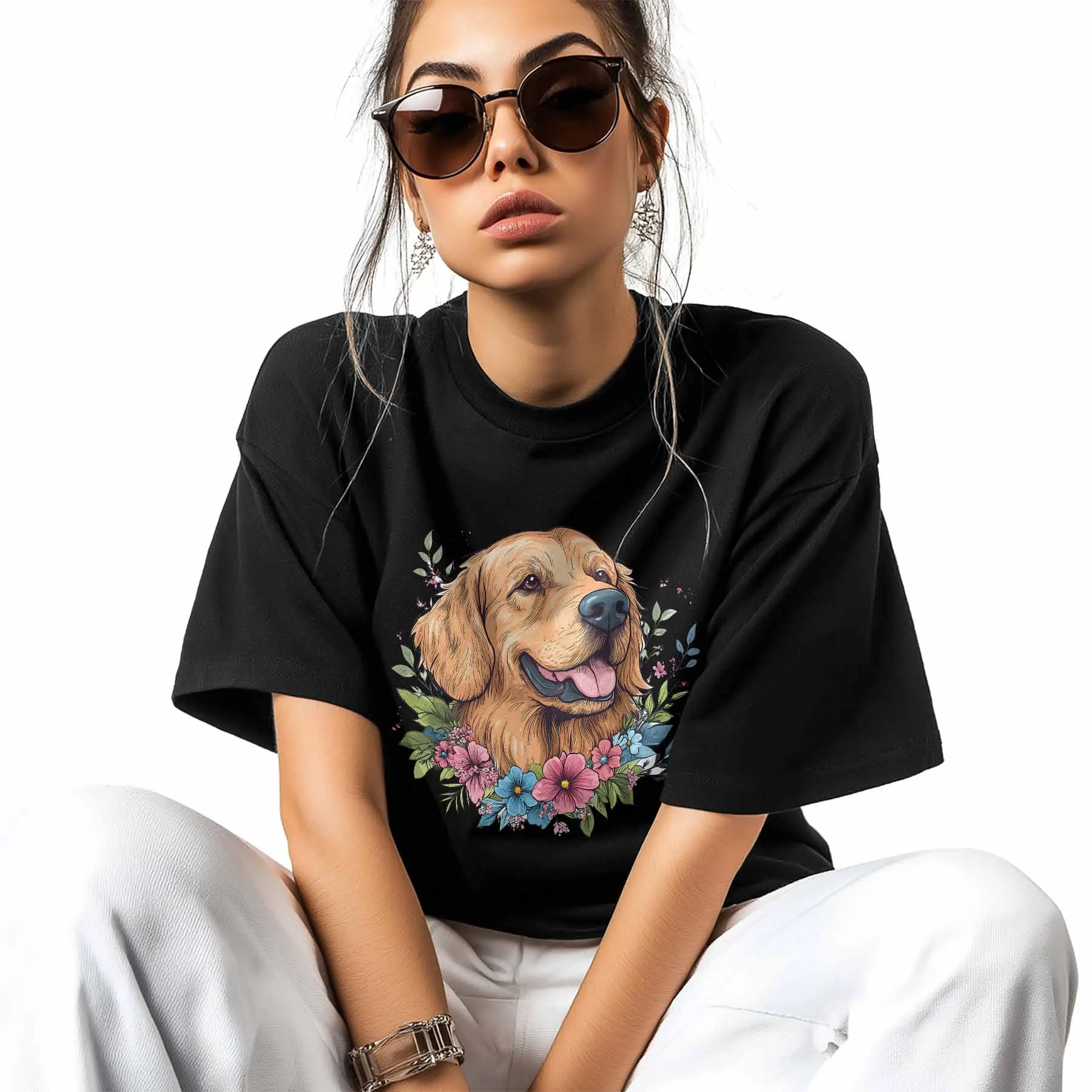 Womens T-Shirt Graphic Golden Retriever Spring Animal Cotton Top Short Sleeve Fashion Basic Casual Tee