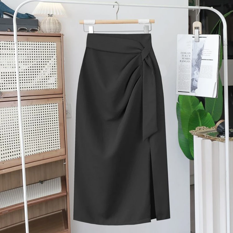 

Korean Fashion Autumn Women Solid Zipper Shirring Asymmetrical Simplicity High Waist Slim Mid Length A-line Hip Wrap Suit Skirt