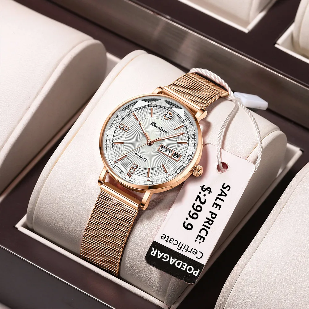 POEDAGAR New Luxury Women Bracelet Quartz Watches For Women Casual Waterproof Luminous Mesh Stainless Steel Ladies Wristwatches