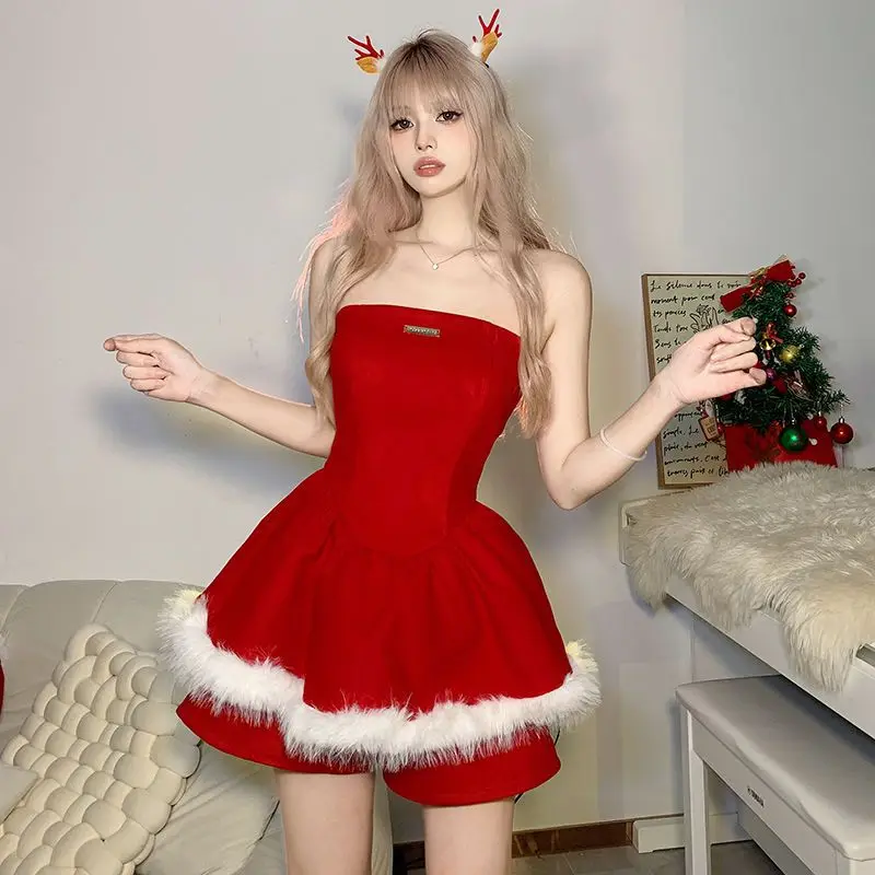 Christmas Party Spicy Girl Atmosphere Holiday Strapless Dress Plush Border Cardigan Long Sleeved Jacket