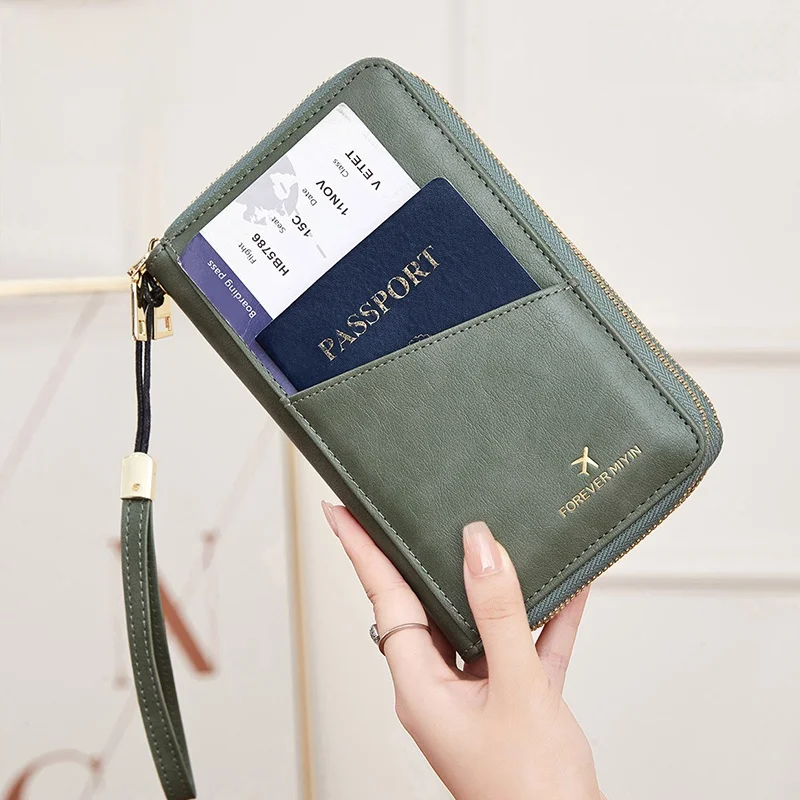 

Long RFID Anti-Theft Passport Bag Multi-Functional Storage Document Bag Crossbody Double Zipper PU Leather Bright Surface