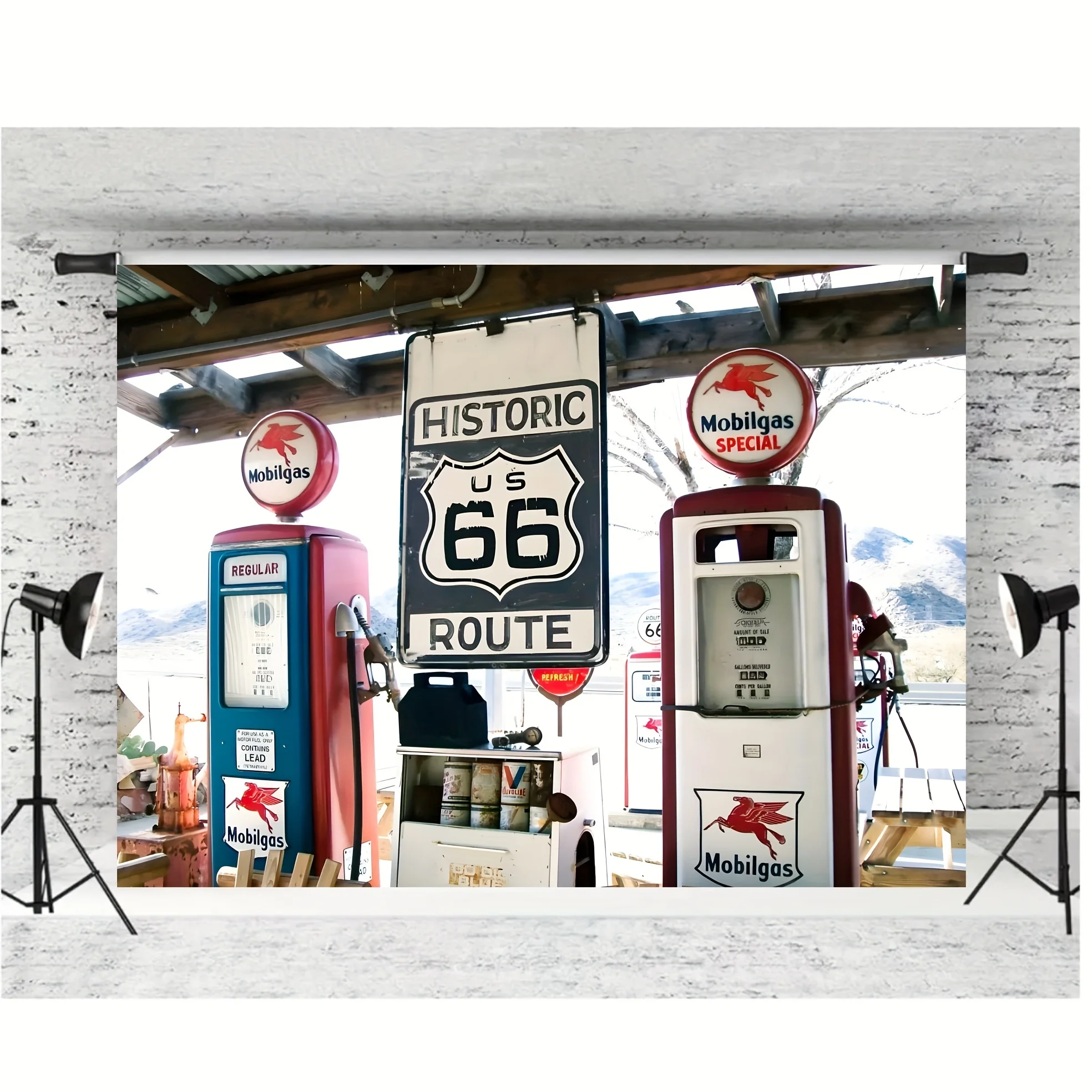 Vintage Route 66 Gas Station photo background - ideal for themed party decorations