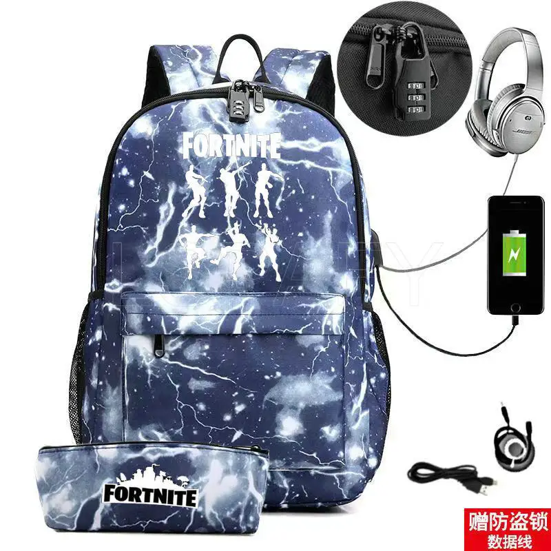 Mochila con estampado de FORTNITE para niños y adolescentes, morral escolar de dibujos animados con carga USB de 17 pulgadas