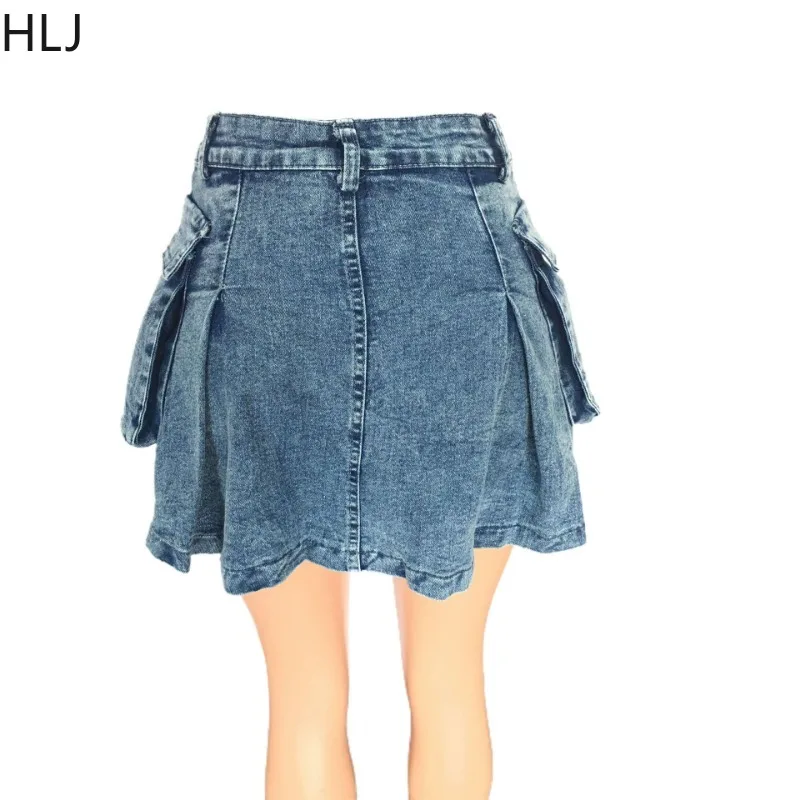 FAGADOER Blue Fashion Denim Pocket Cargo Mini Skirts Women High Waist Button Slim Pleated Skirt Sexy Vintage Jean Bottoms 2024