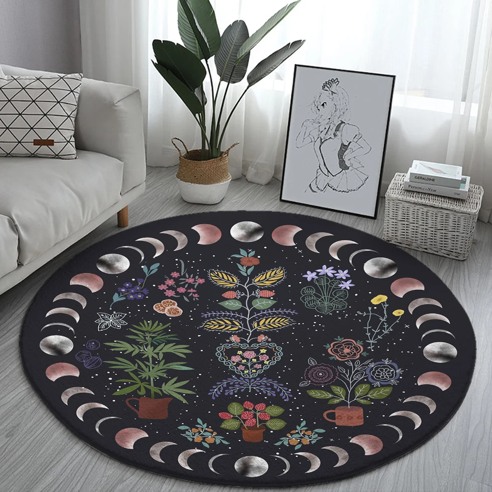 Moon Phase Flower Round Rugs House Sofa Carpet Home Living Room Bedroom Bathroom Floor Mats Print Decorate Carpet