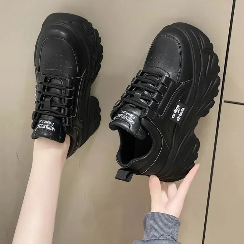 Women Solid Color Versatile Height Increased Shoes  Black White Casual Sports Shoes Lace Up Thick Sole Shoes Breathable Low Shoe