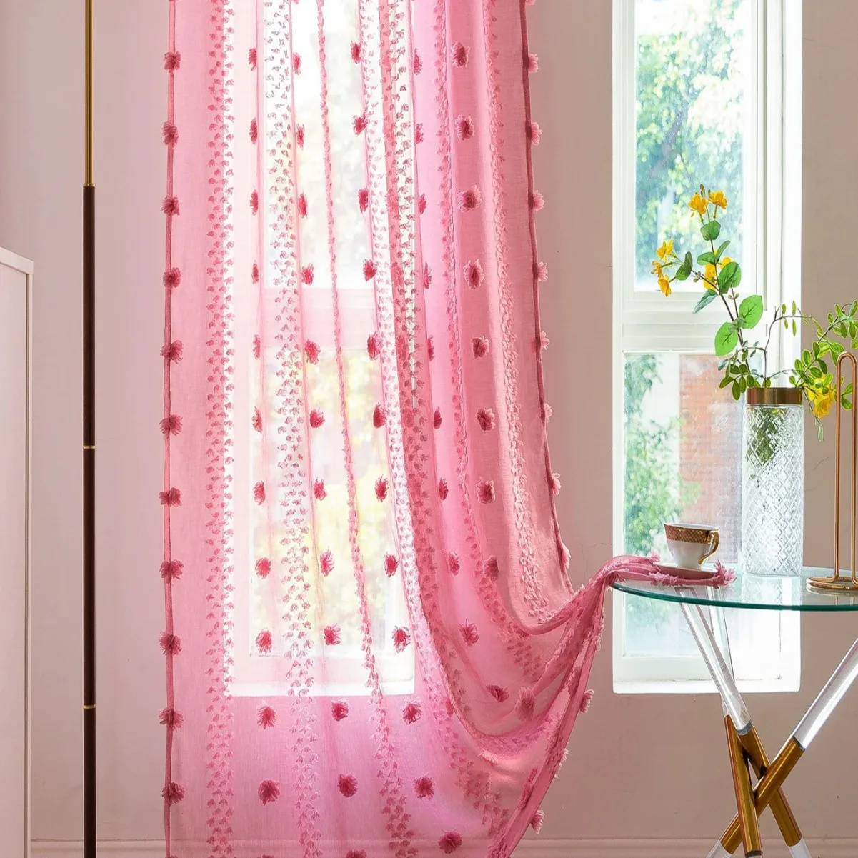 1PC new double-row hairball curtains, living decorative curtains, personalized decorative piercing rod windows, screen windows