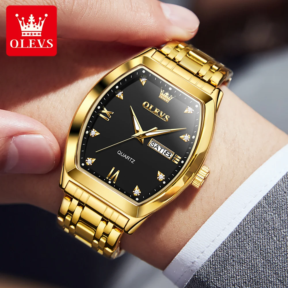 OLEVS TOP Brand Quartz Watch for Men Luxury Diamond Elegant Stainless steel Tonneau Dial Waterproof Luminous Men Wristwatch 5528