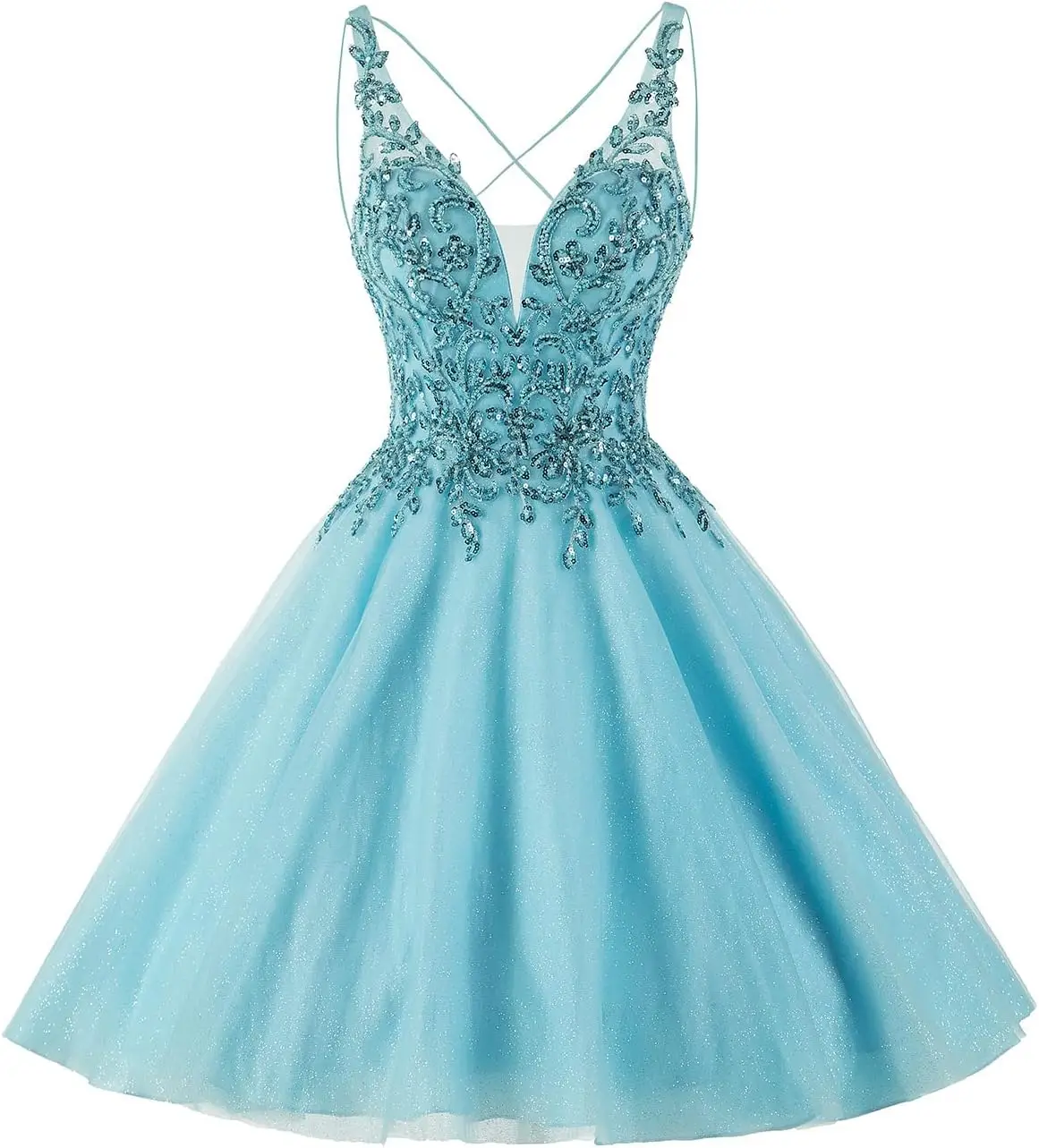 فستان دانتيل تول لحفلات العودة للوطن للمراهقين قصير بحزام سباغيتي DAMA Quinceanera فستان حفلة موسيقية مطرز سباركلي فوق الركبة، صغير