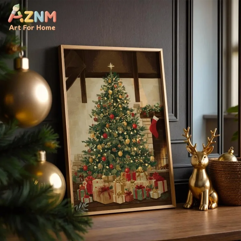 Cozy Christmas Tree Fireplace Canvas Wall Art Xmas Gifts Stocking Warm Festive Winter Holiday Wall Print Unframed Canvas Poster
