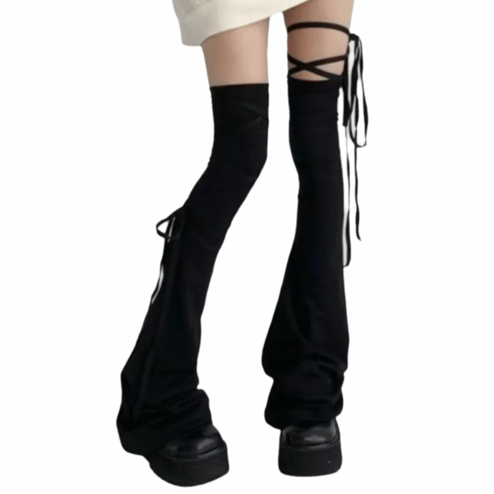 Punk Y2K Over Knee High Sock Solid Color Lace Up Closure Lolita Flared Sock Sweat-absorbent Soft Knee-high Leg Cuffs Cosplay