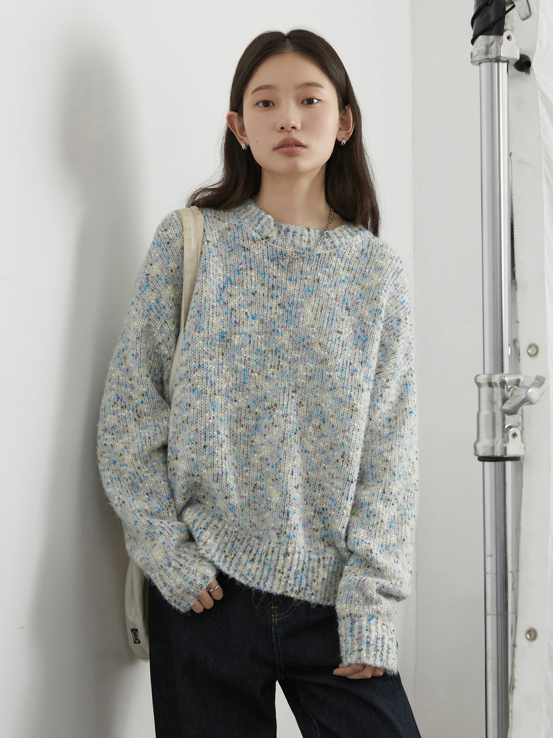 

CHICVEN Korean Sle Lazy round Ne Color Dot Wool Knitted Sweater Texture Women's Long Sve ort Coat Spring New Arrival