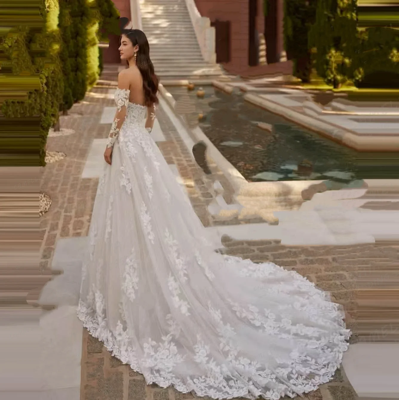 

Luxury Appliques CustomizedWedding Dresses A Line Women's Bridal Gowns Long Sleeve Off Shoulder Elegant Princess Tulle Vestidos