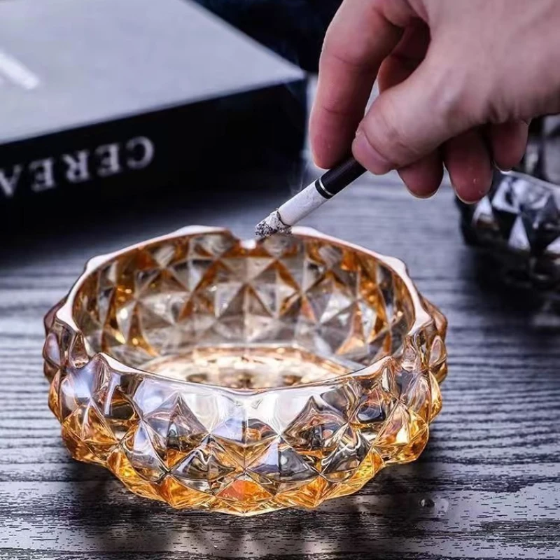 Crystal Glass Ashtray, Transparent Gray Cigarette Box, Circular Ashtray, Diamond Cutting Technology