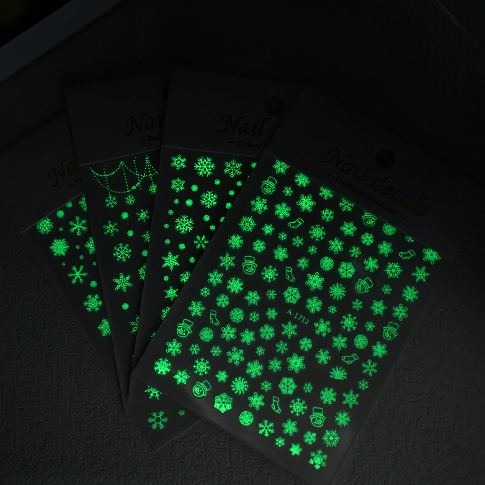 1pcs 3D Luminous Snowflakes Nail Art Sticker Winter White Snowflowers Self-Adhesive Sliders Christmas/New Year Manicure Decals *