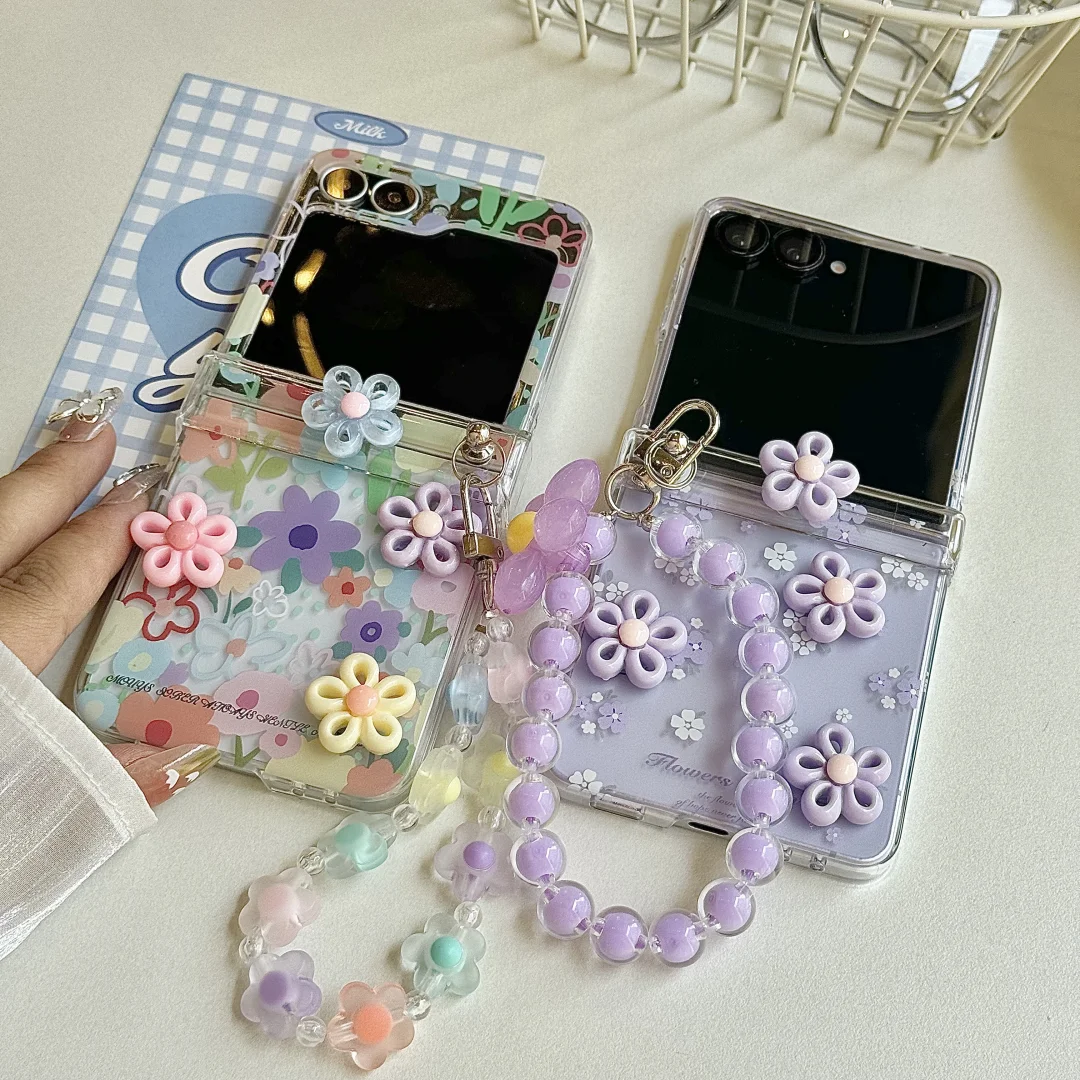 

Fresh Flower Folding PC Phone Case With 3D Flower Colorful Bead Lanyard stand For Samsung Galaxy Z Flip 7 6 5 4 3 INS Cute Cover