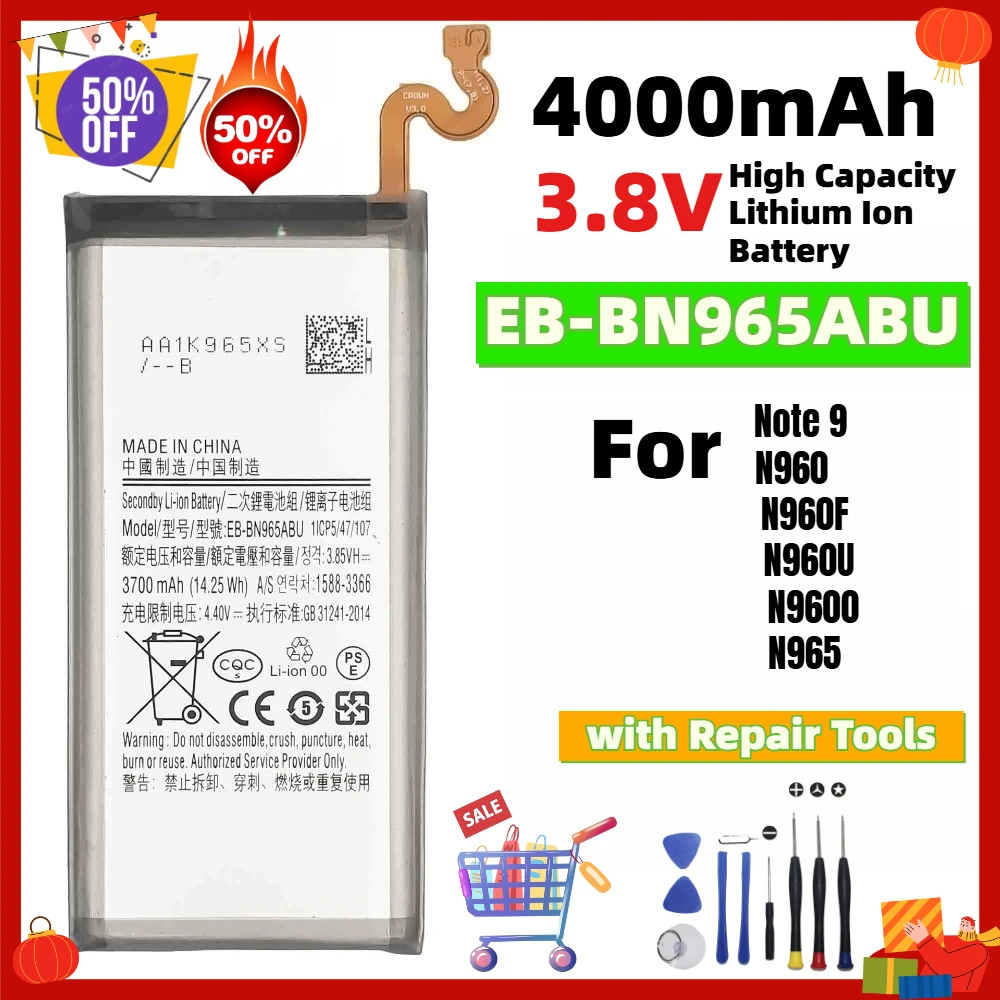 EB-BN965ABU 4000mAh Lithium Ion Replacement Battery for Samsung Galaxy Note9 N960, N960F, N960U, N9600, N965E, with Repair Tools