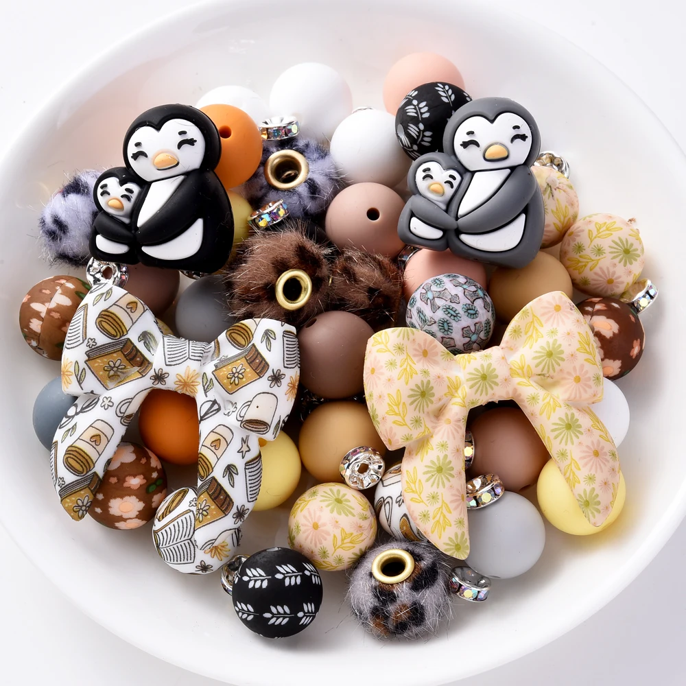20/33Pcs Silicone Beads Set Round Rabbit Bow Shape Teether Beads For DIY Baby Pacifier Chain Bracelet Jewelry Making Accessories