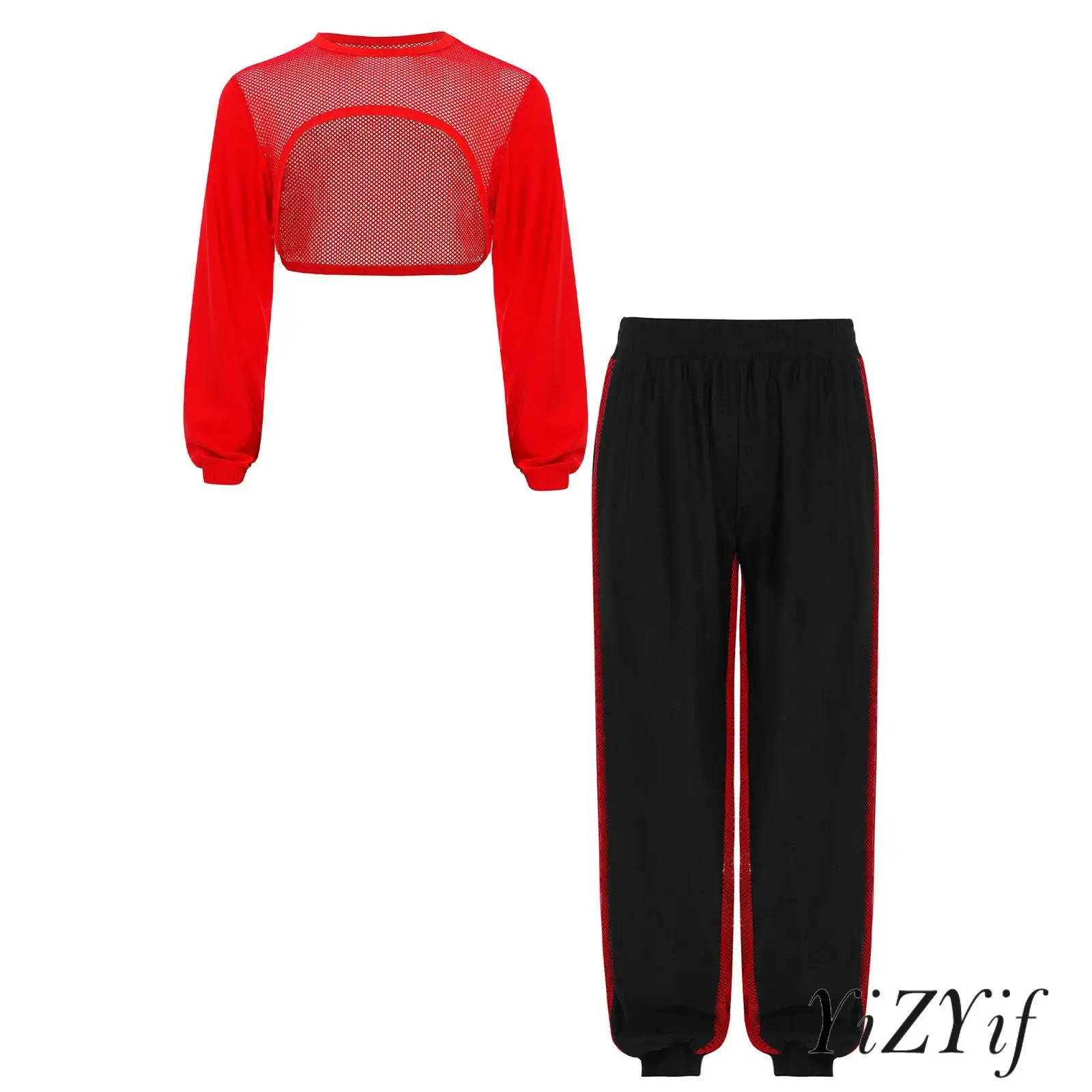 

Kids Girls Hip-Hop Dance Outfit Long Sleeve Hollow Out Mesh Patchwork Asymmetrical Hem Crop Top with Elastic Waistband Pants