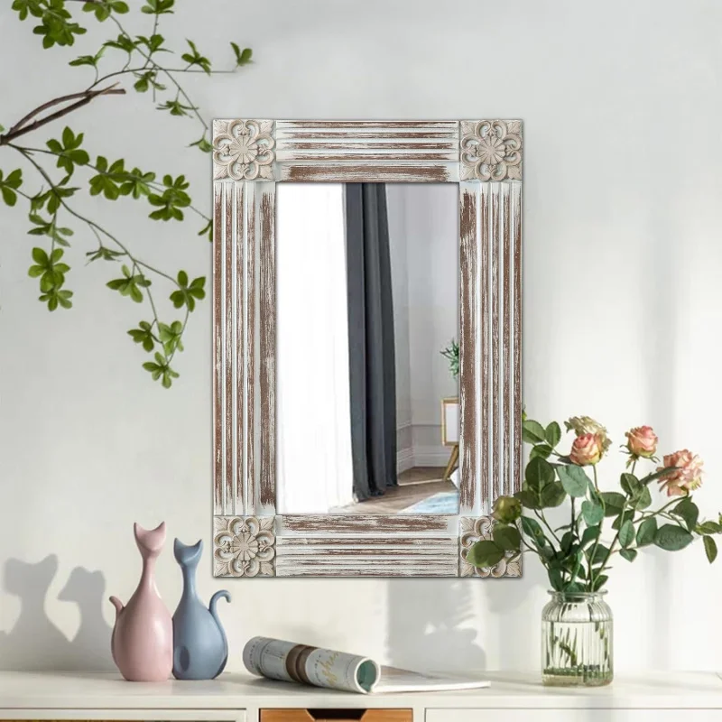 

Rustic Wooden Frame Wall Mirror Bathroom Vanity 16 x 24 inch, Hanging Distressed Boho Rectangular Mirror with Floral