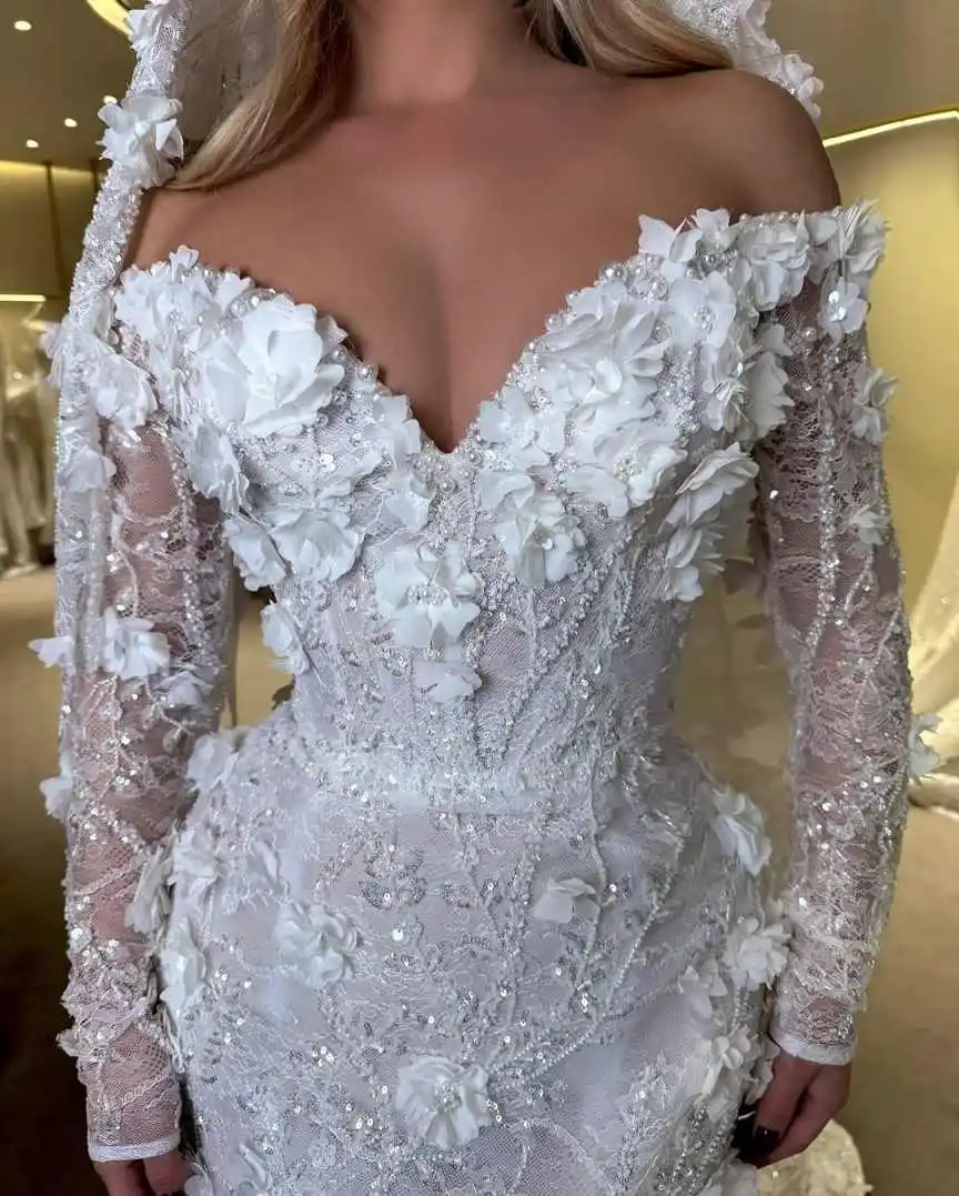 Gorgeous Mermaid Wedding Dress V Neck 3D Flowers Appliques Ruffled Bride Dress Customized Bridal Gowns