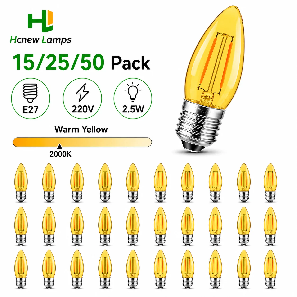 LED C35 Filament Candle Bulb 220V 2.5W E27 Warm Yellow 2000K Amber Glass Vintage Lamp for Chandelier Home Outdoor Garden Decor