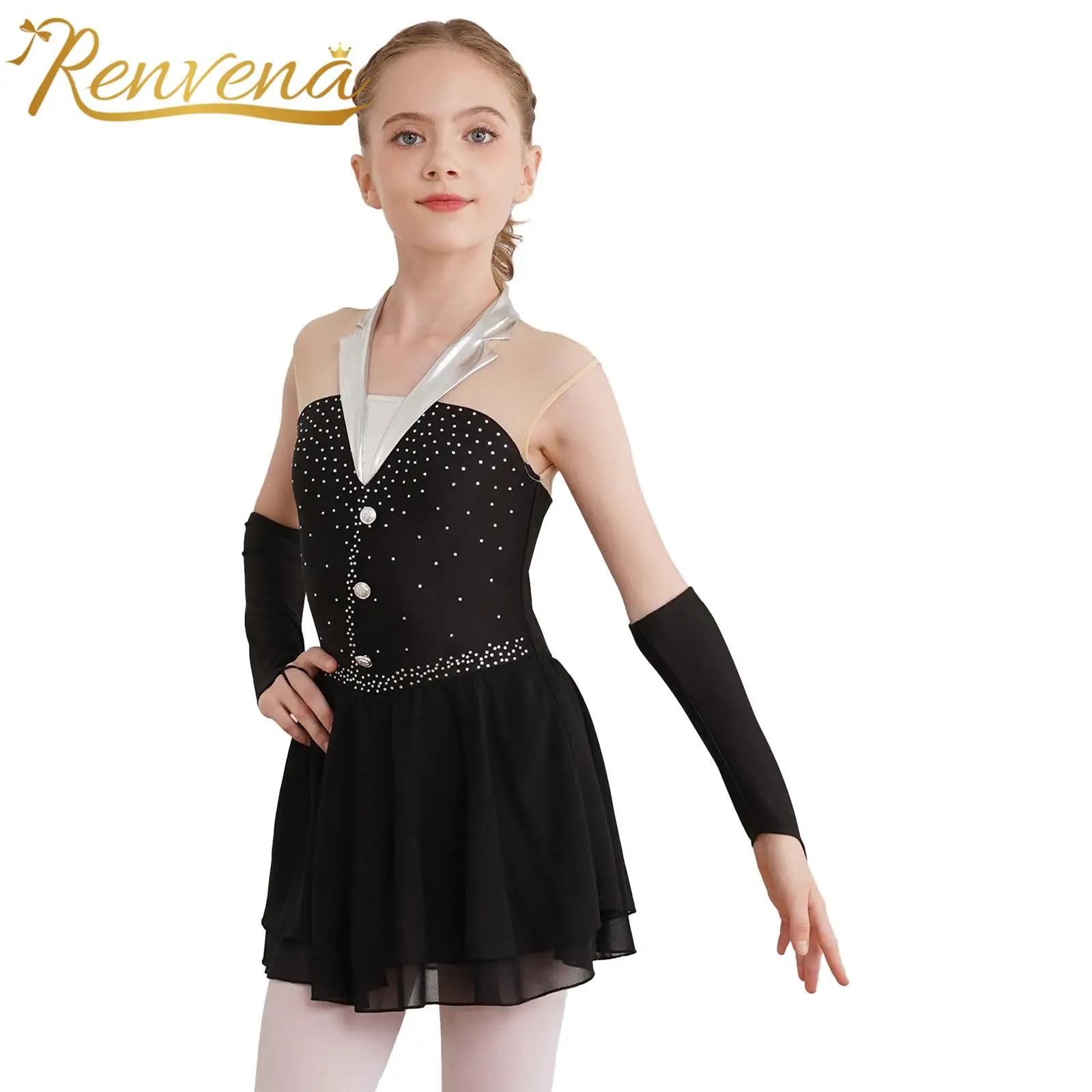 

Children Lyrical Dance Costumes Latin Cha-cha Ballet Skating Tuxedos Leotard Dress with Gloves Kids Girls Shiny Stage Dancewear