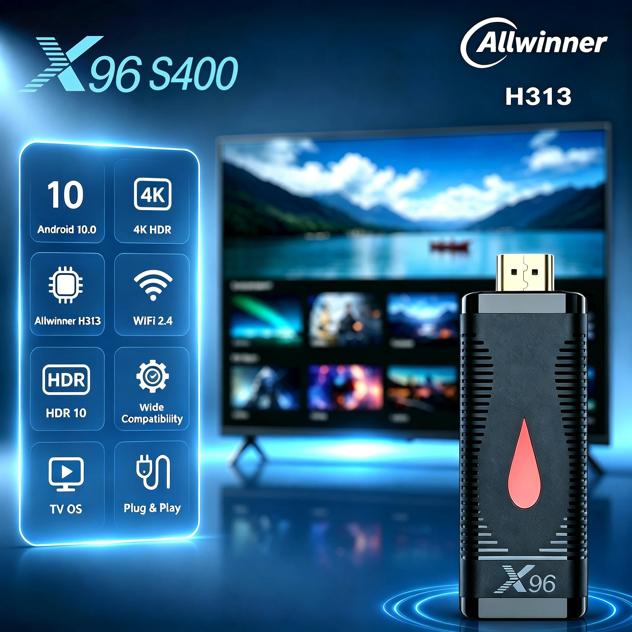X96 S400 TV Stick Allwinner H313 Android 10.0 Lettore Multimediale 4K HDR WiFi 2.4G Mini Box TV Portatile Supporta H.265 HEVC Screen Casting per Riproduzione Multimediale Domestica