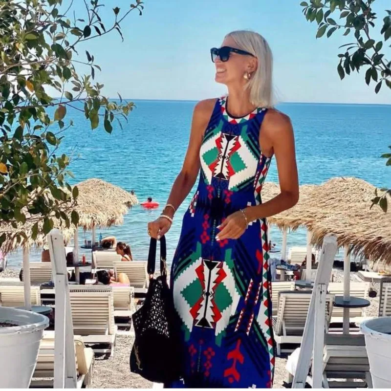 Summer Sleeveless Vacation Long Dresses For Women 2025 New Vintage Geometric Pattern Print A-line Slim Beach Party Vest Dress