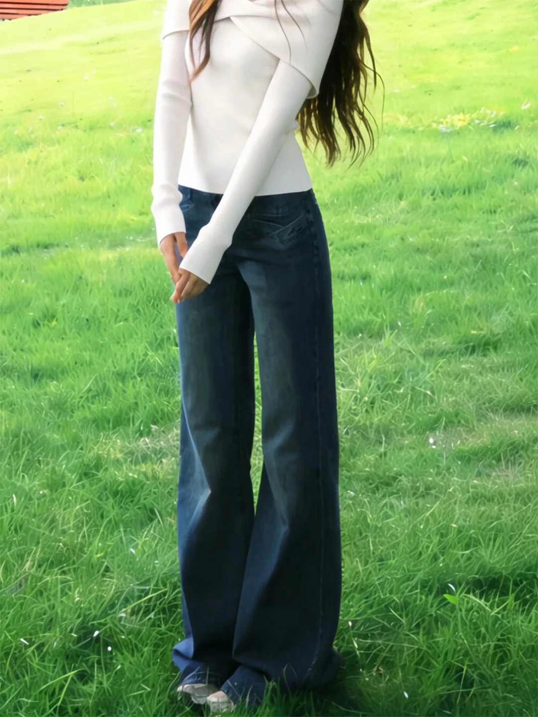 

Синие джинсы-скинни в американском стиле, женские, летние, новые, с высокой талией, широкими штанинами, длиной в пол, с эффектом похудения, для повседневной носки