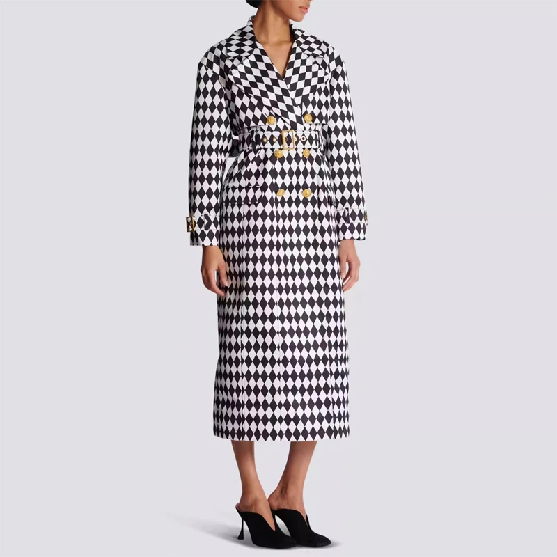 2024fwNew women\'s double-breasted fashion black and white diamondCheck belted long windbreaker y2k high quality houndstooth coat