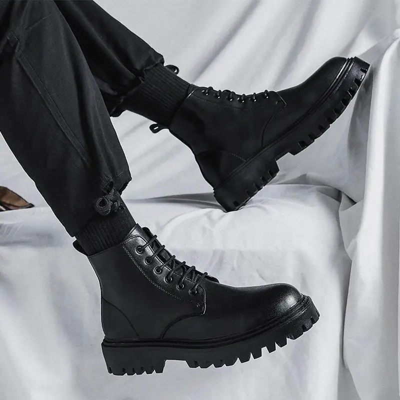Men's  Boots Spring New Mid-Calf Thick Bottom Black Vintage Workwear Leather Shoes Desert Boot PU Material