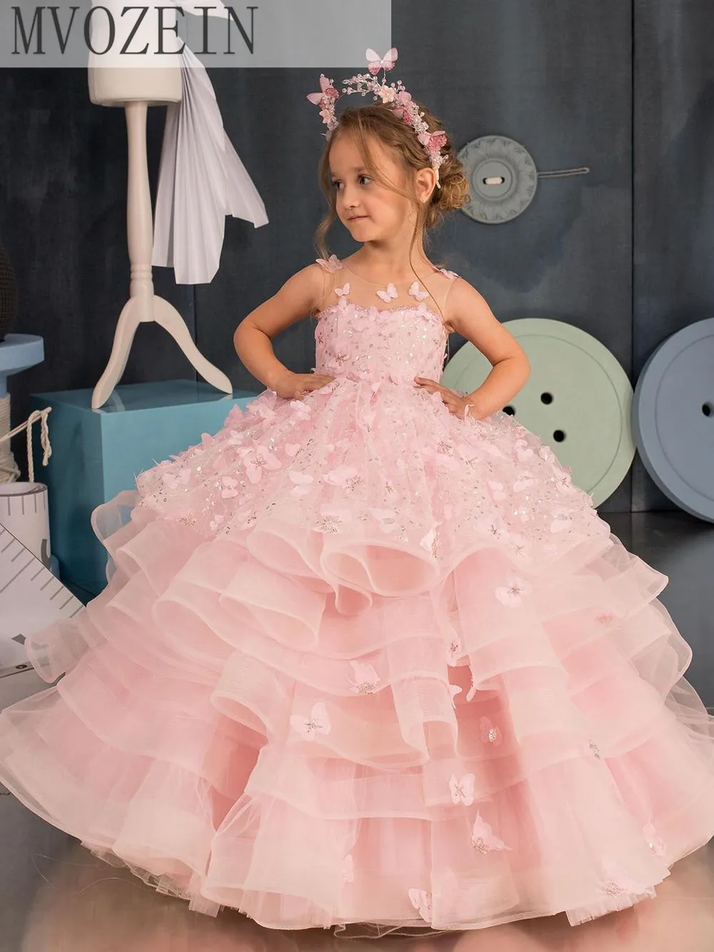 Vestido de princesa hinchado para niña, vestido de capas rosas, vestido de niña de flores, vestido de bebé lindo, vestido de primera comunión