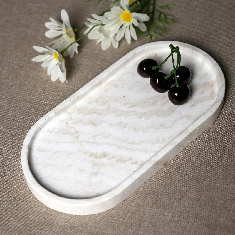 Factory Drop Shipping Nordic White Natural Travertine Stone Oval Marble Tray for Party Use Modern Luxury Design Durable