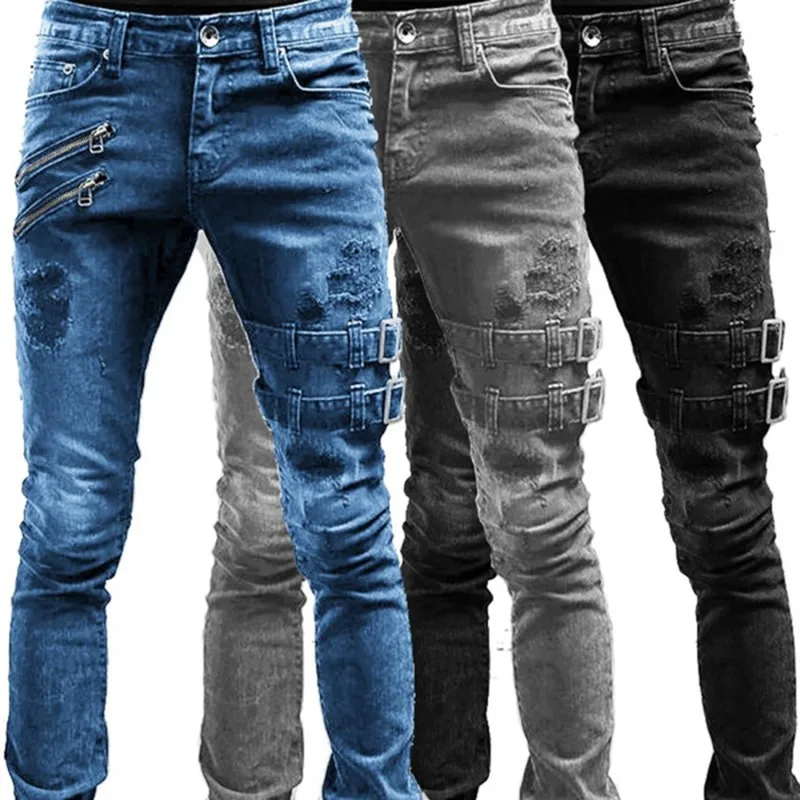 Men Slim Biker Ripped Long Denim Trousers Skinny Jeans Pocket Side Straps And Zips Male Jogging Pants Destroyed Stretchy Pants