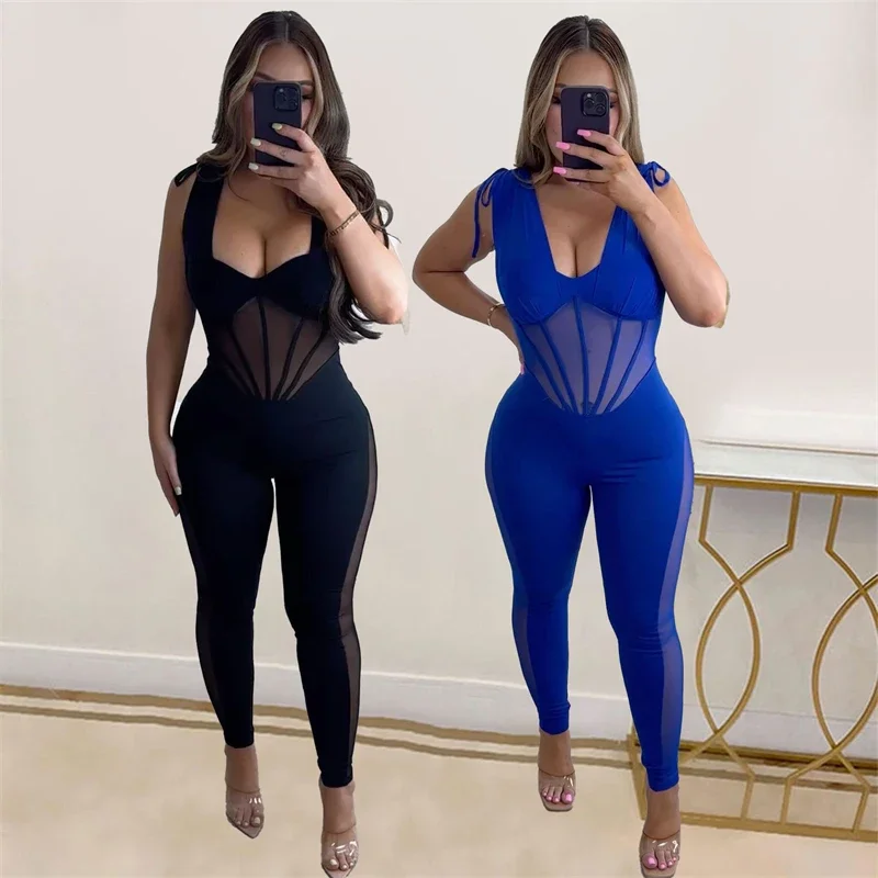 المرأة شبكة المرقعة Bodycon بذلة ، انظر من خلال ، الخامس الرقبة ، نحيل ، بلا أكمام السروال القصير ، ملابس النادي الليلي ، مثير