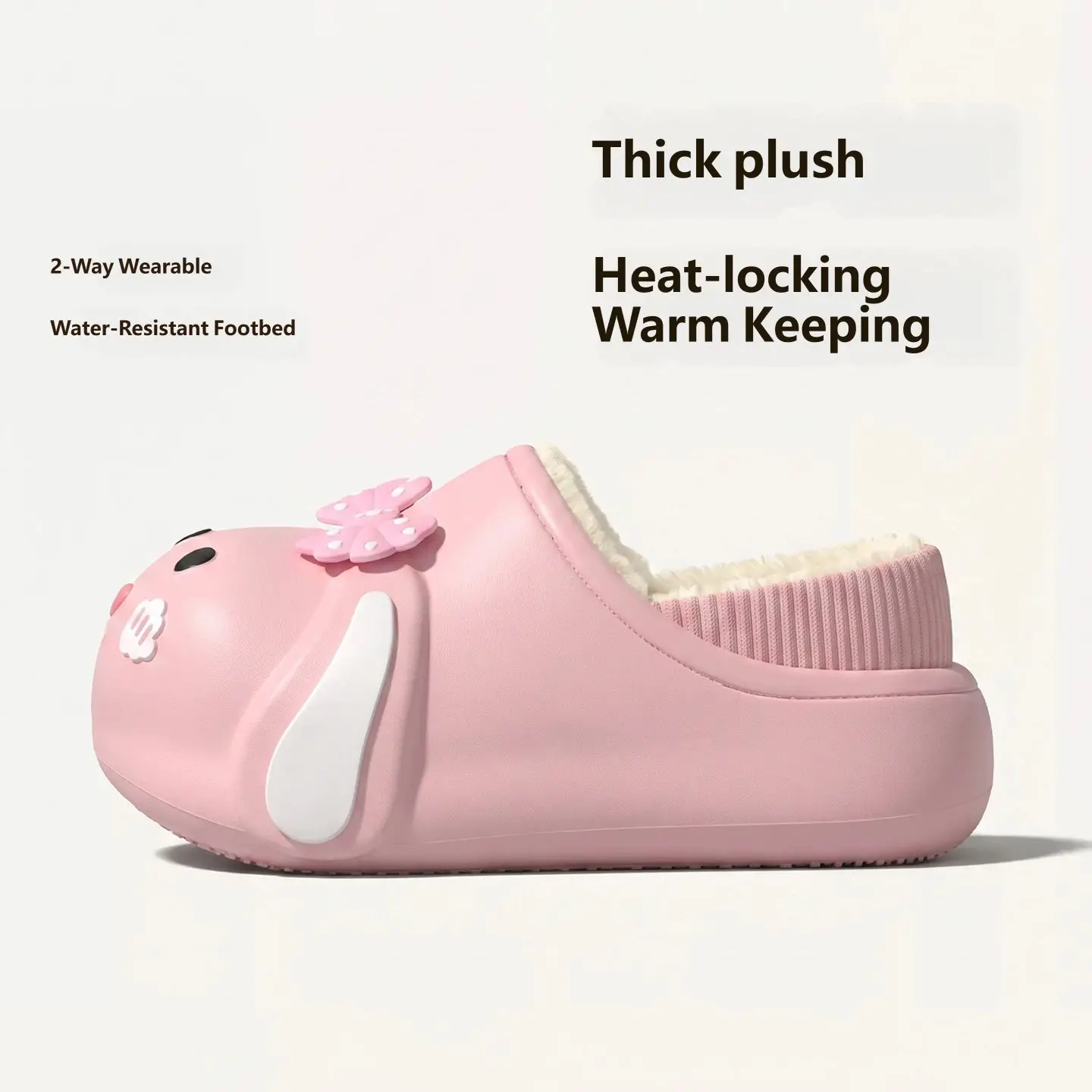 Cute Rabbit Bowknot Furry Slippers Warm Plush Non-Slip Indoor Home Shoes Winter EVA Waterproof Slip-On House Slippers