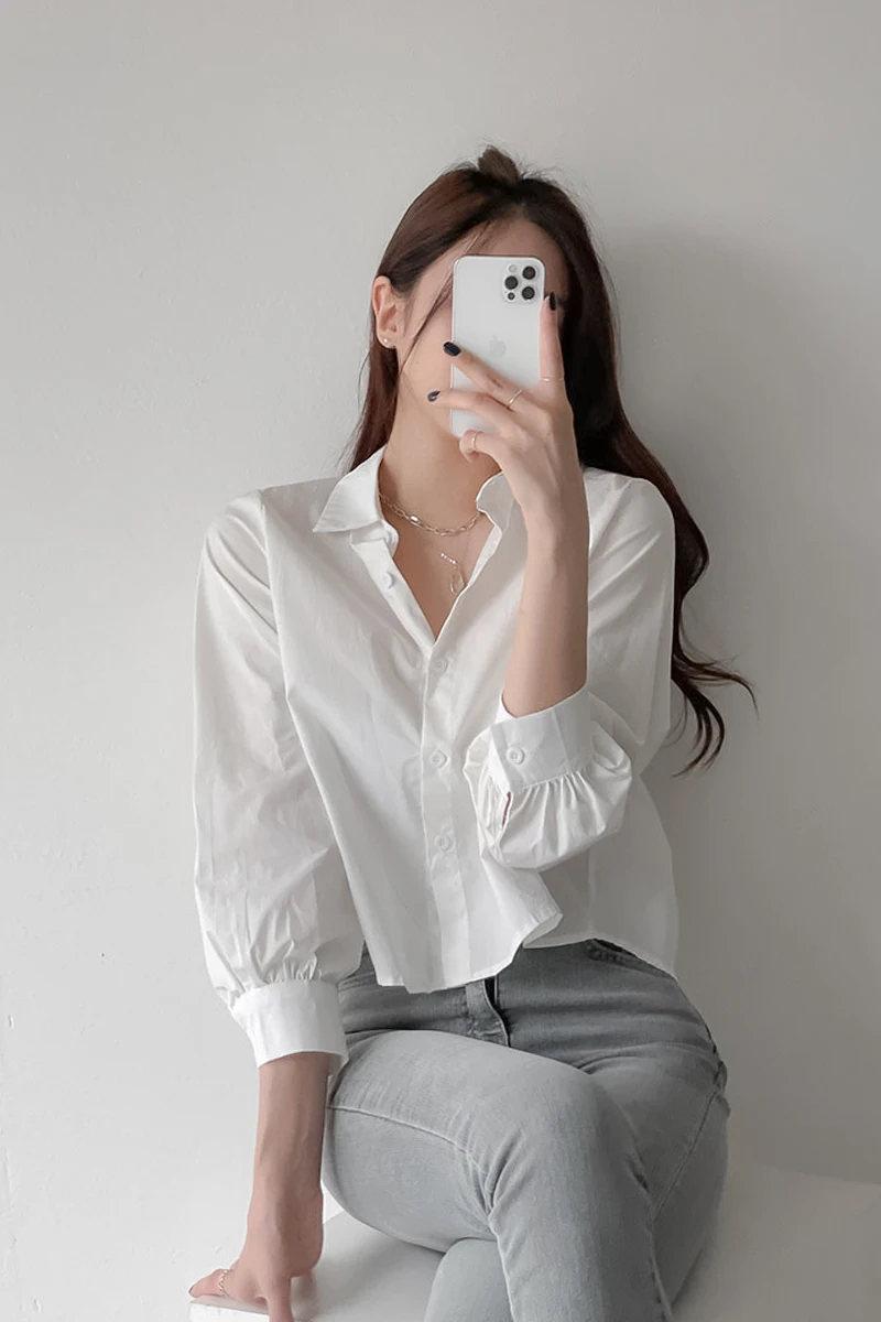 

Chic Retro Women's ort irt Long Sve Turn-down Collar Ba Pleated Design Korean Sle Commute Pure Color Summer 2023