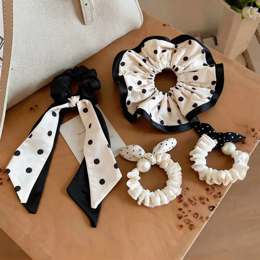 Black White Satin Polka Dot Hair Ties Imitation Pearl Lace Ruffle Bow Scrunchies for Women French Sweet Hair Accessory Daily M