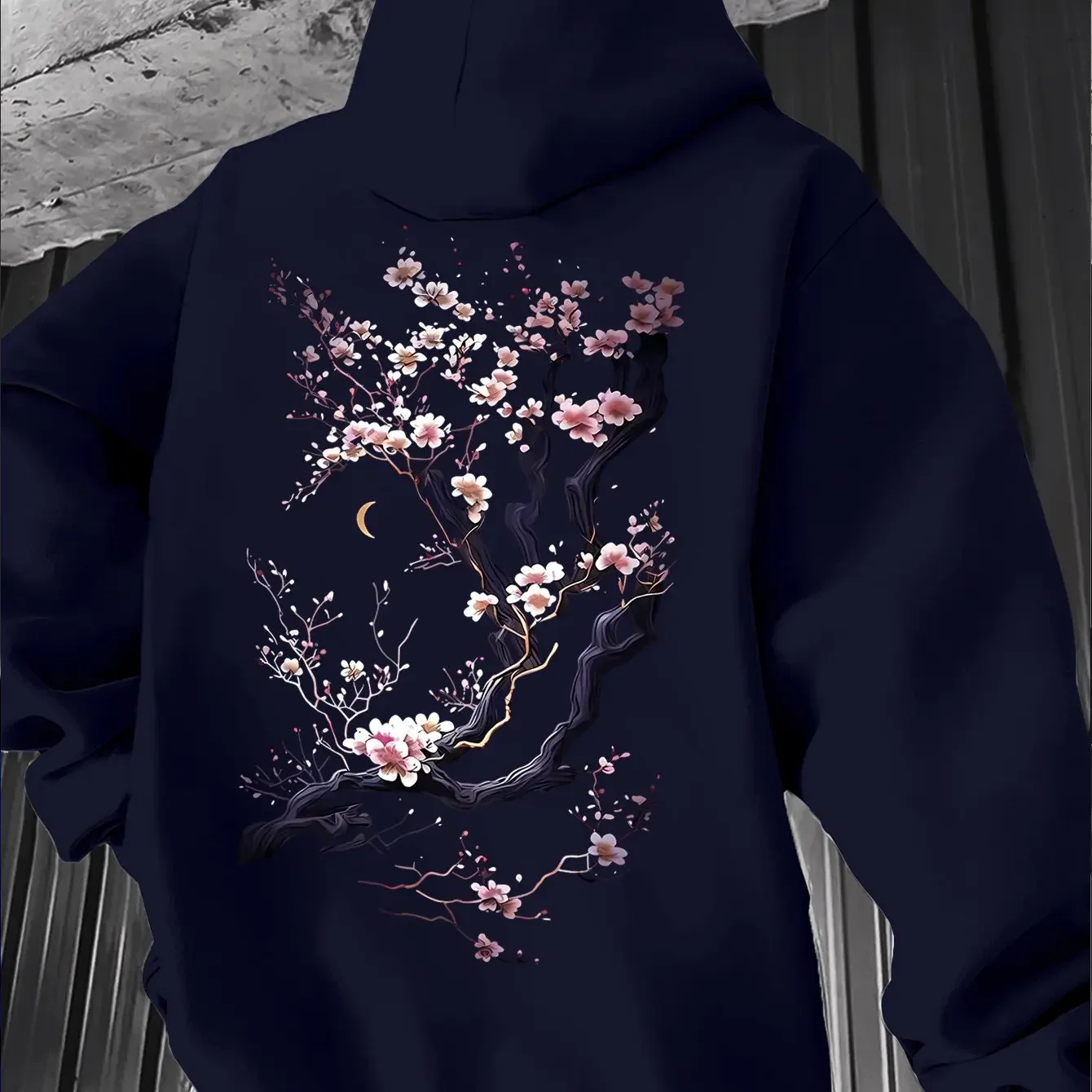 Men'S Hoodie Designed with Retro Ink Wash Style Cherry Blossom Branches Reflecting Eastern Aesthetics Made from Knit Fabric