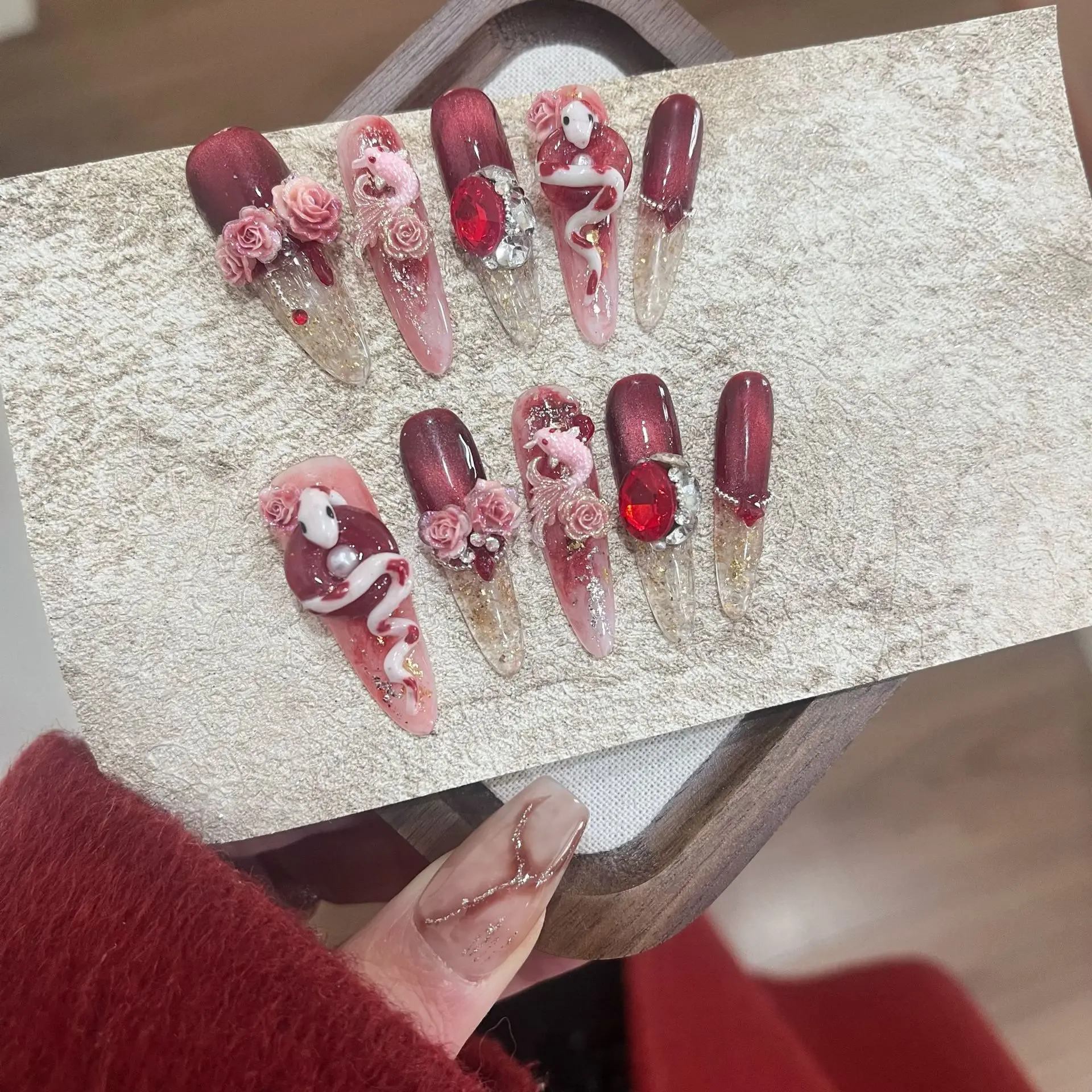 

Red Handmade Stiletto Nails Full Cover Lucky Snake Rhinestone Rose Wearable Artificial Almond Acrylic Manicure with Tools 10Pcs
