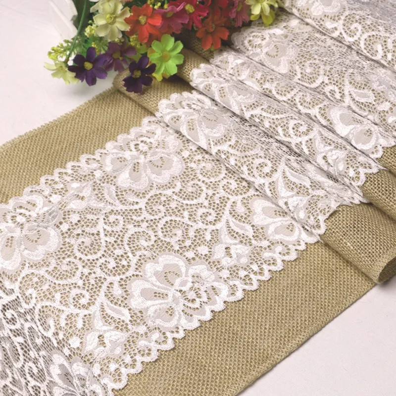 Burlap Lace Table Runner, Rustic Vintage Table Runner para casamento ao ar livre, festa de aniversário, banquete decoração, 12x108"